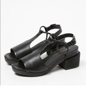 INTENTIONALLY BLANK Black Leather T-Strap Block Heel Sandals